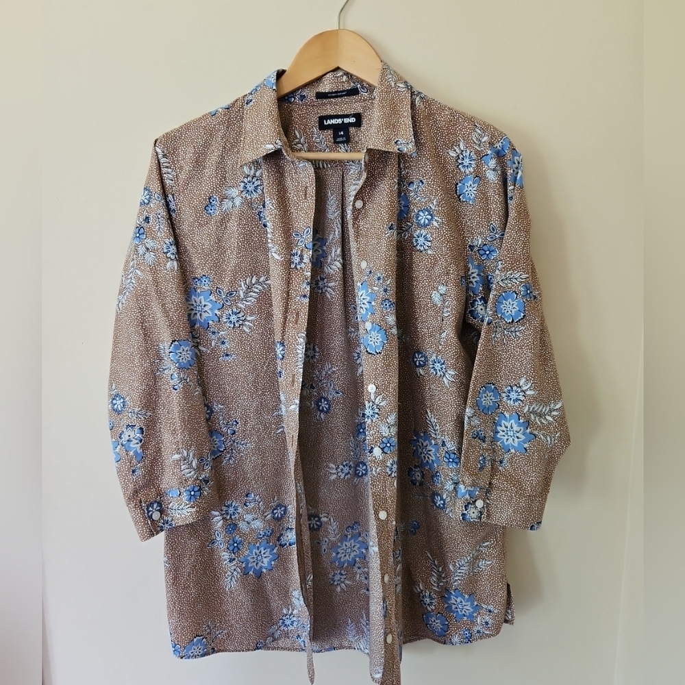 Lands End Womens No Iron Supima Cotton Floral Shirt Button 3/4 Sl Floral Size 14